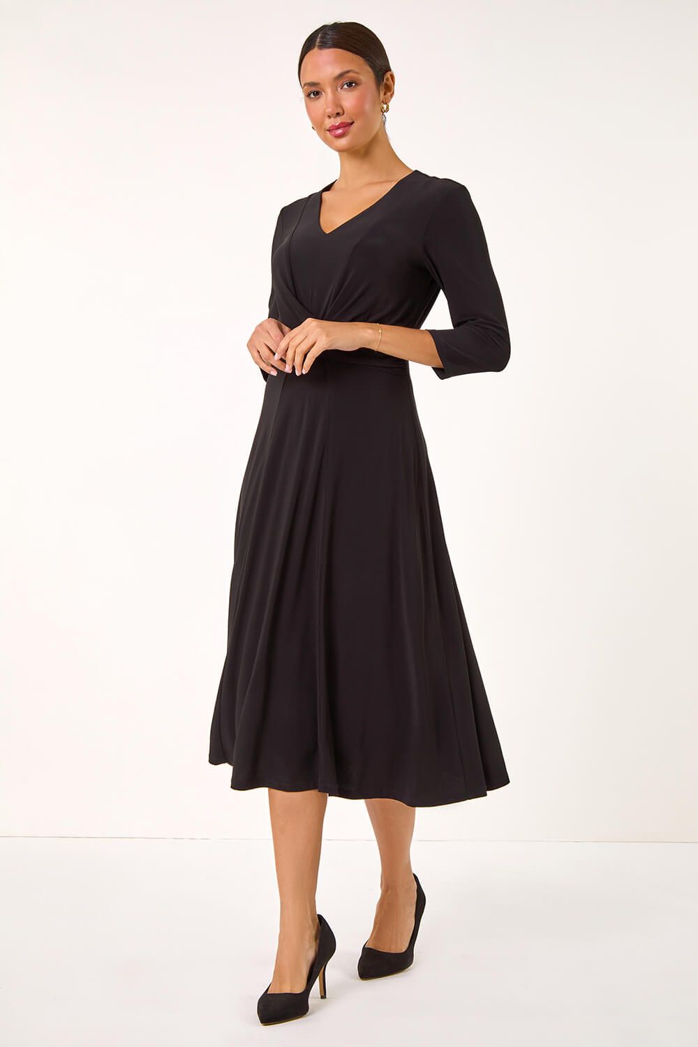 Roman Women's Stretch Crossover Midi Dress in Black