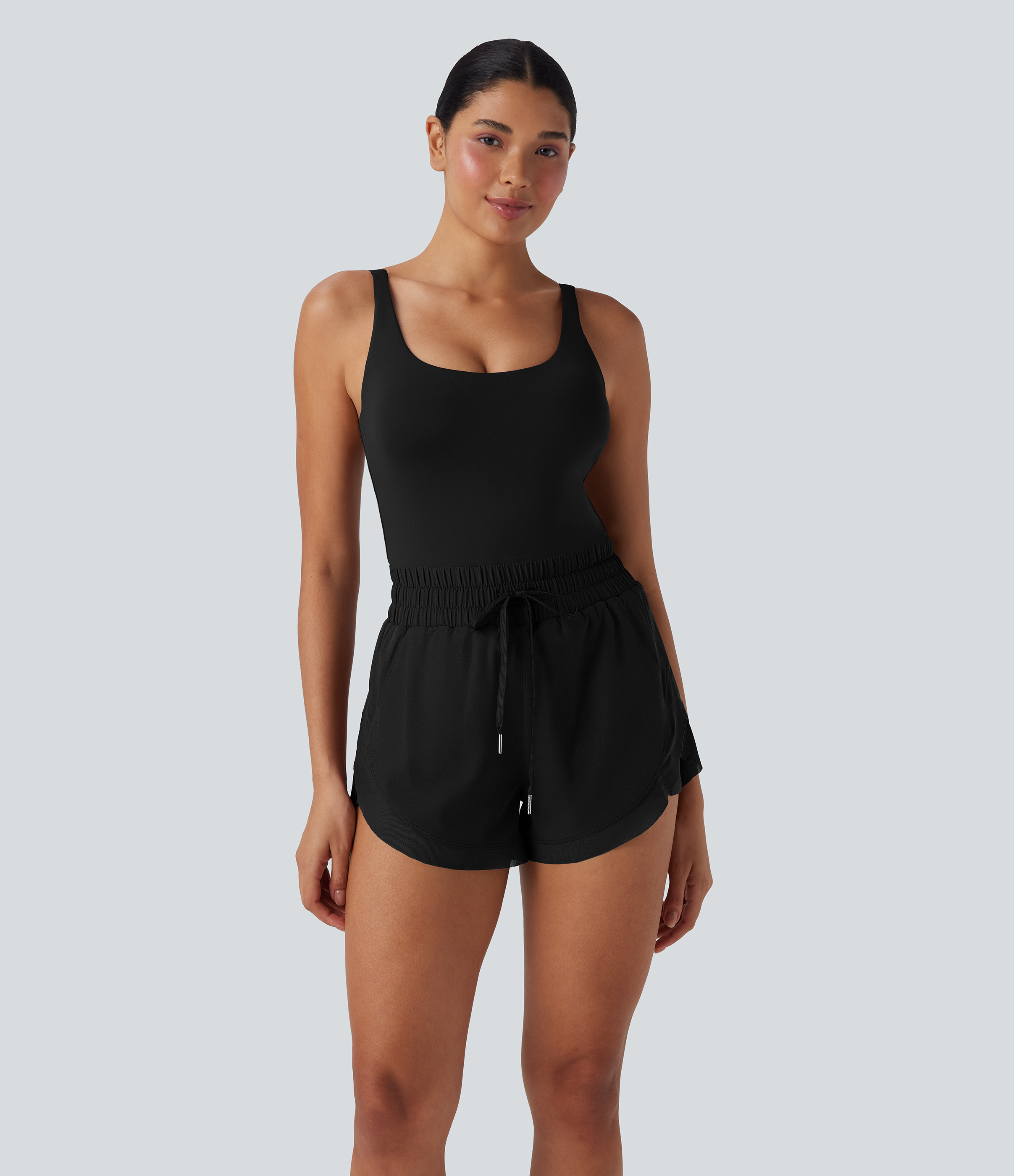 Halara Backless Shirred Drawstring 2-in-1 Running Playsuit with Side Pockets - Black - XLregular