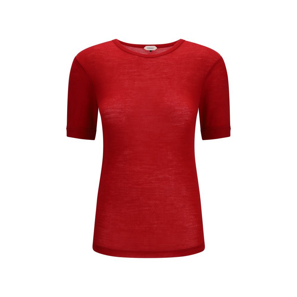 Medusa Embroidered Wool Knit T-Shirt — Red