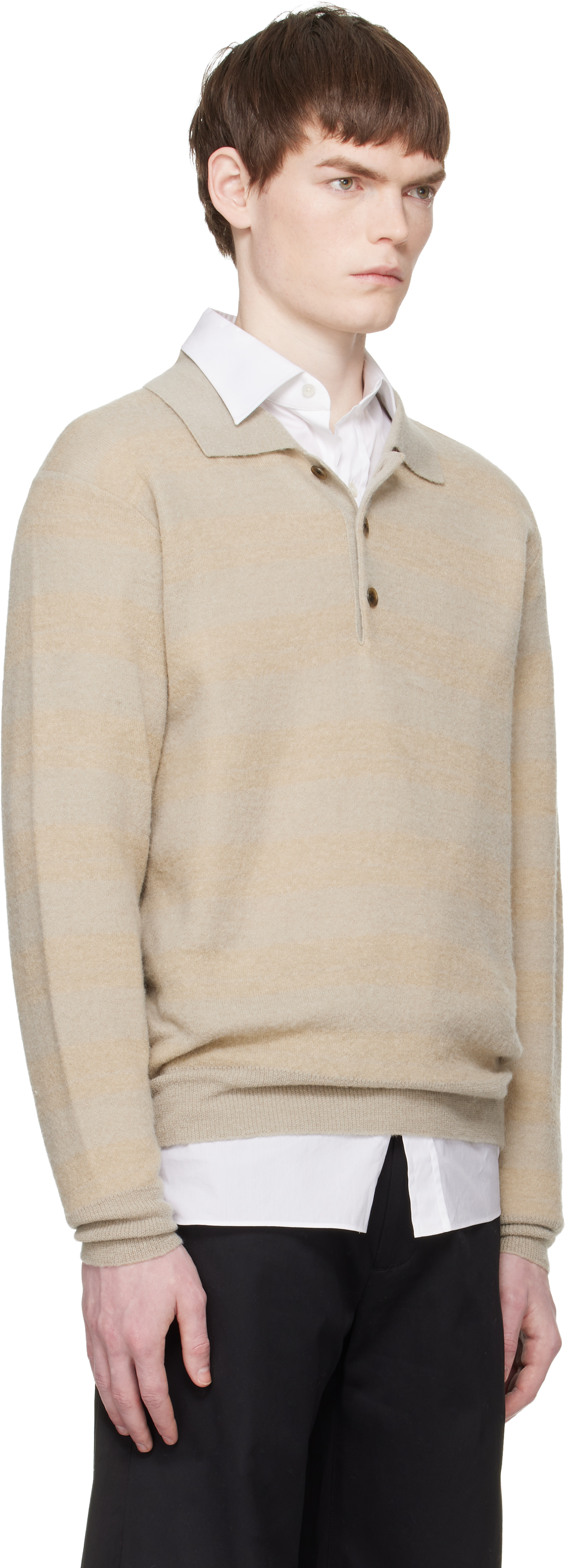 Beige Knit Stripe LS Polo