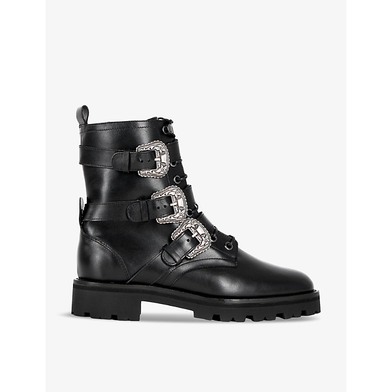 Womens Black Buckle-embellished Leather Ankle Boots