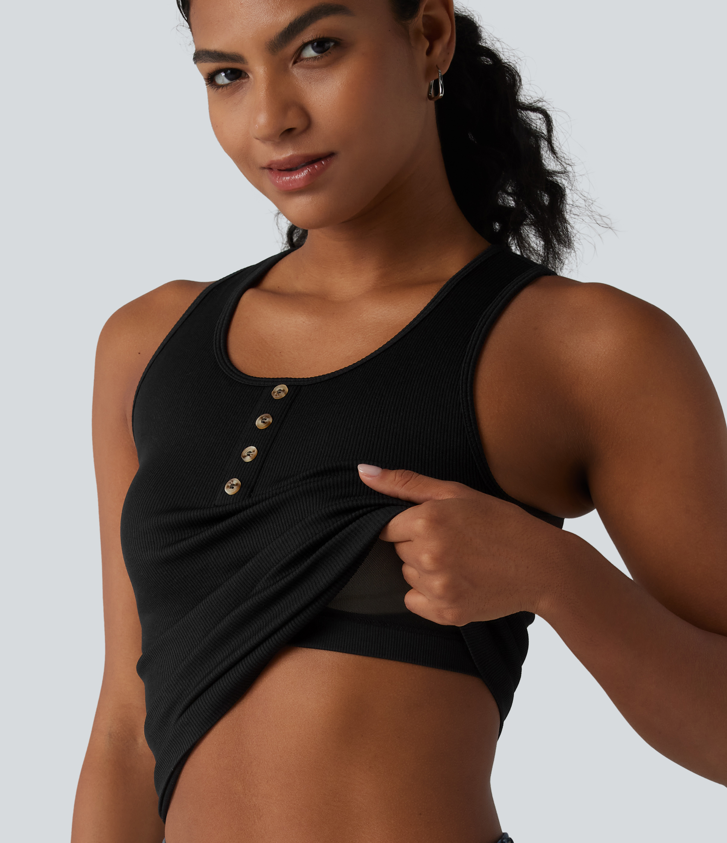 Halara Ribbed Knit Round Neck Built-in Bra Casual Tank Top - Black