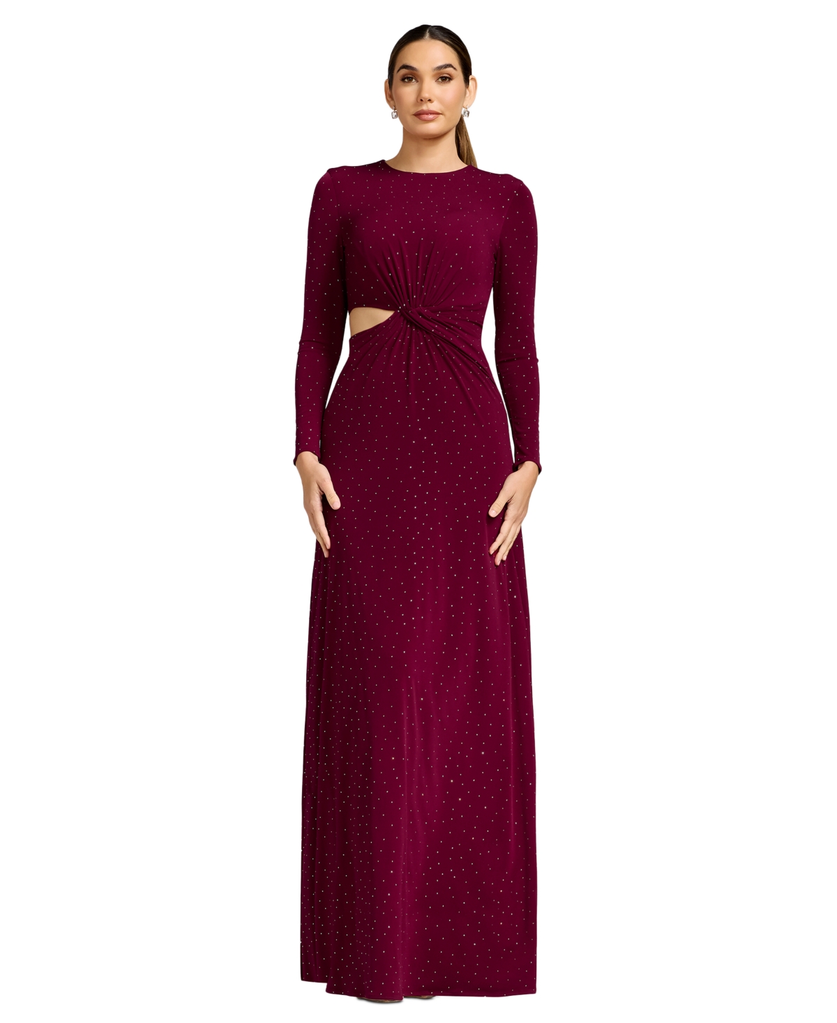 Women's Long-Sleeve Gathered-Waist Cutout A-Line Dress - Dark Cherry