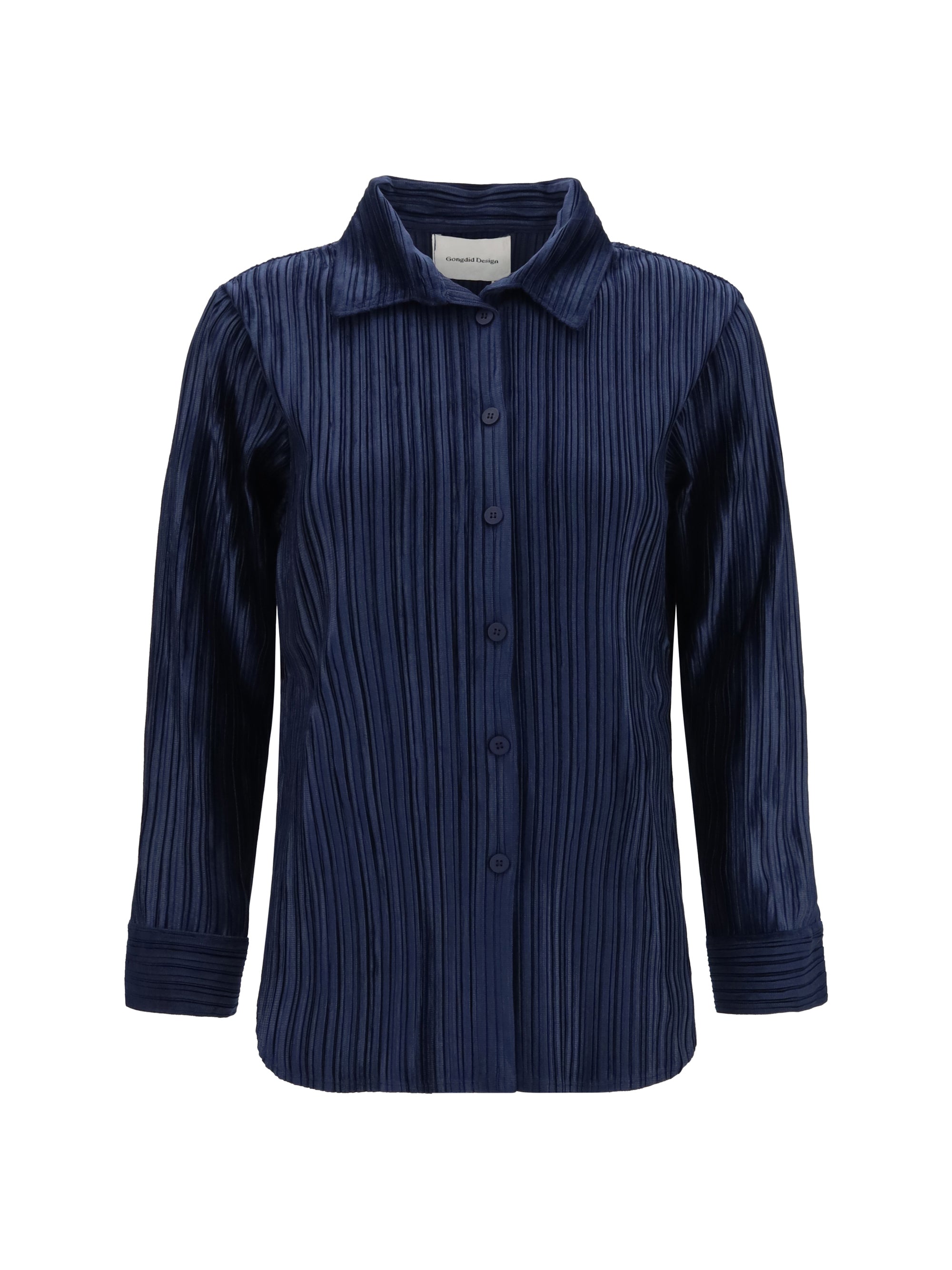 Fine Striped Velvet-Like Polyester Shirt — Navy