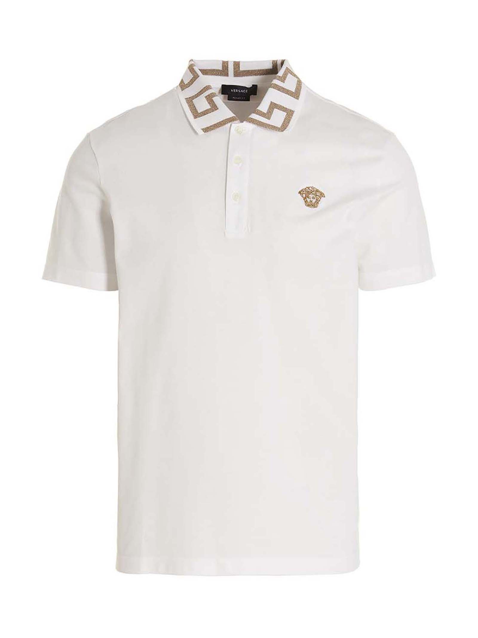 Greca-Collar Piqué Cotton Polo Shirt — White