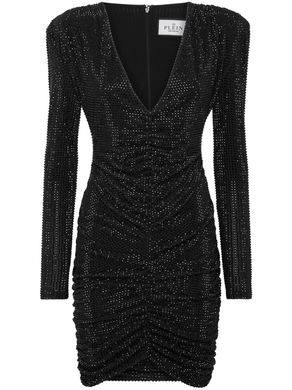 Padded-shoulder strass mini dress - Black