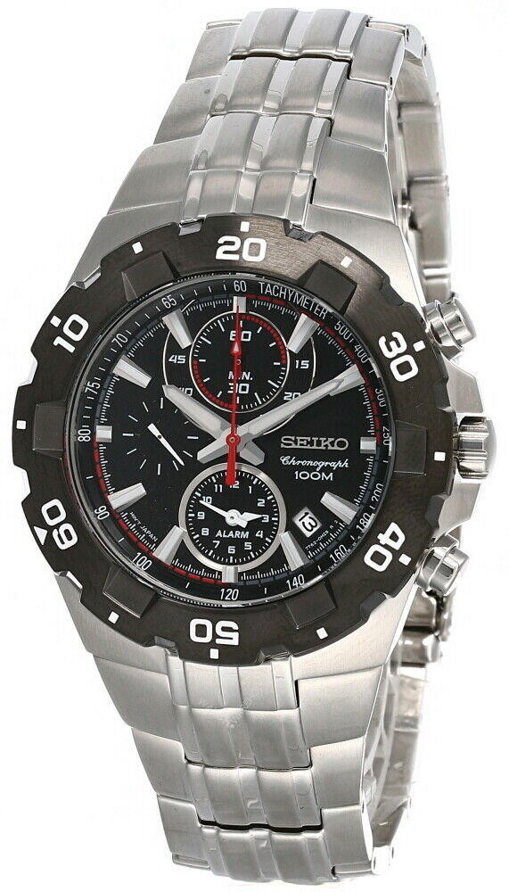 Seiko Chronograph Stainless Steel Black Dial Men's Watch SNAD35