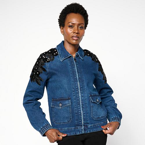 New Classic Stretch Embellished Zip Front Jacket - Blue