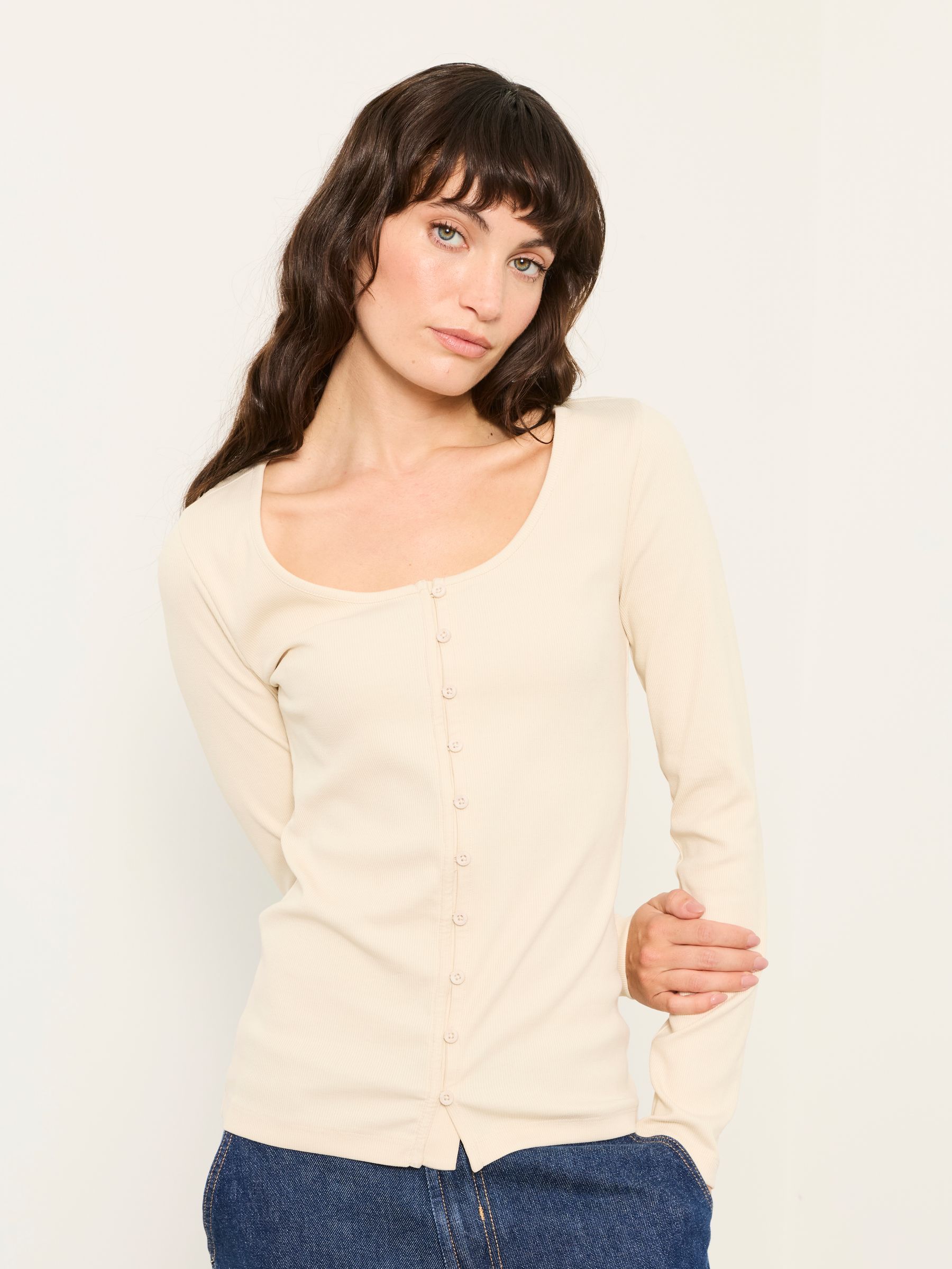 FatFace Bethan Ecru Button Ribbed Long Sleeve Top
