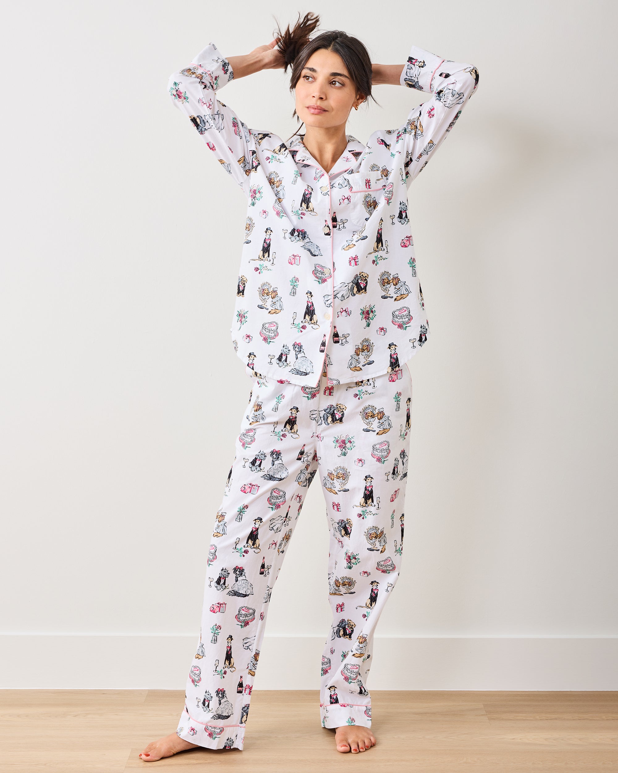 Organic Cotton Long Pajama Set in Fur Ever Yours | Women's Tall XS/T | White | Sleepwear