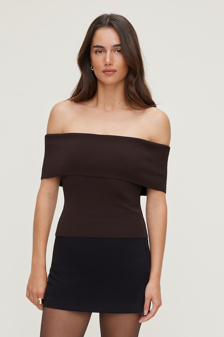 Foldover Off Shoulder Sweater - Brown - Women Clothing