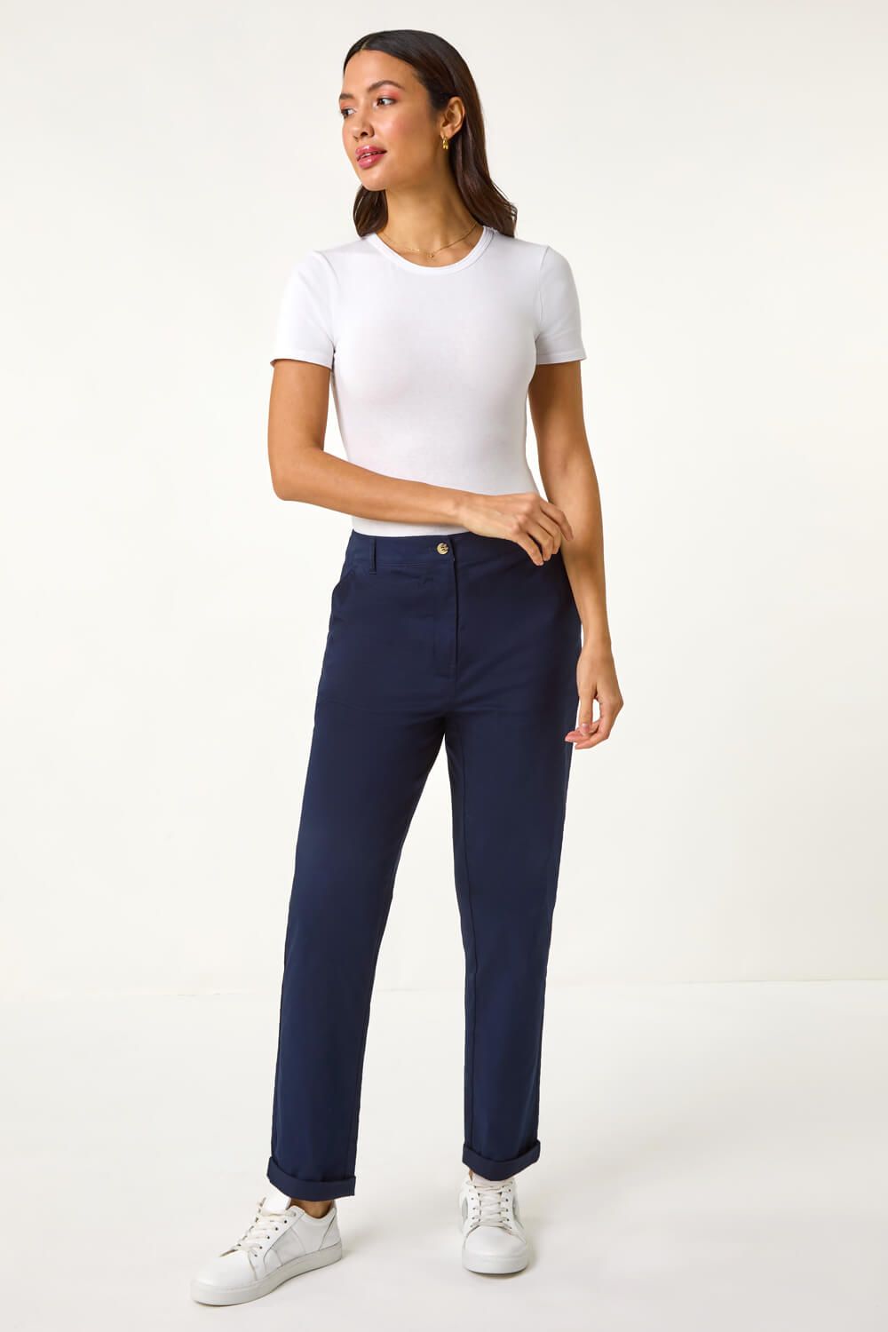 Roman Plain Cotton Chino Trousers In Navy