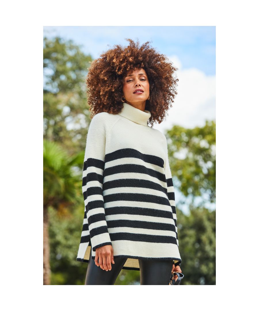 Sosandar Womens Cream & Black Stripe Super Soft Roll Neck Jumper - Large