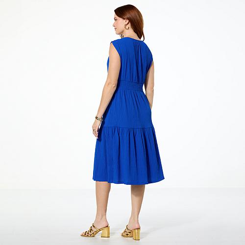 V-Neck Smocked Waist Pebble Tiered Dress - Brown