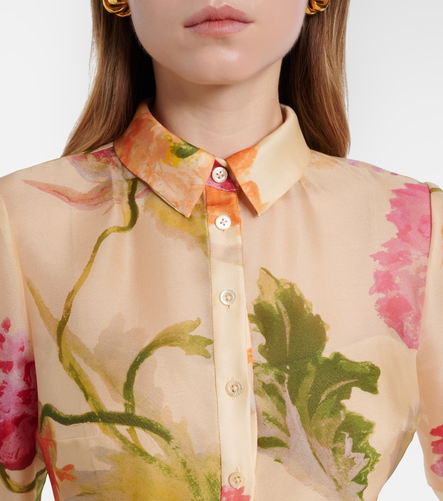 Belted floral silk shirt dress