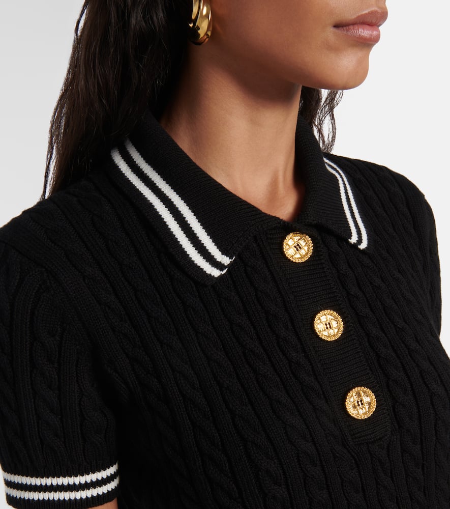 Cable-knit cropped cotton polo shirt