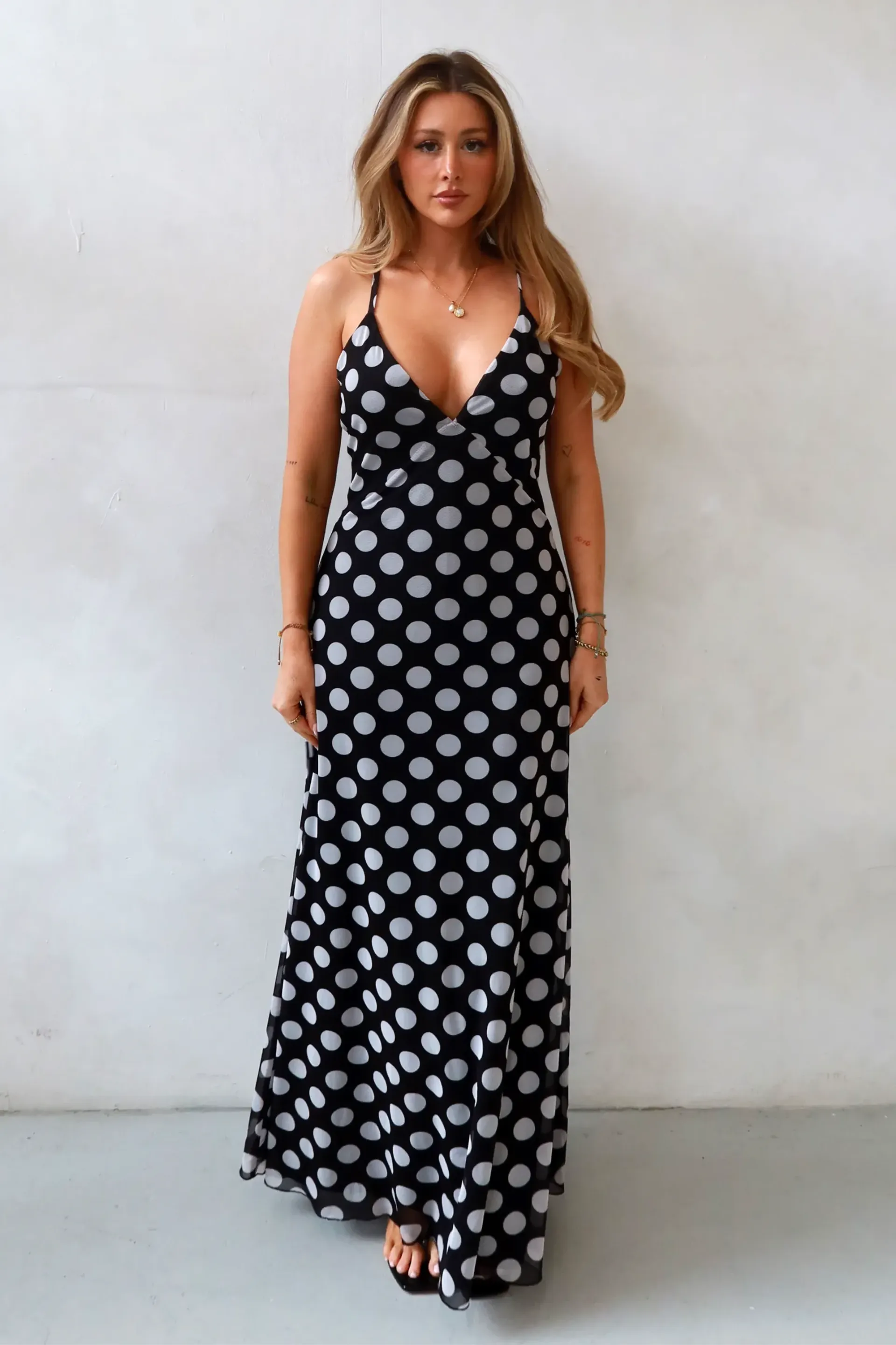 Black Audrey Polka V-neck Maxi Dress Women