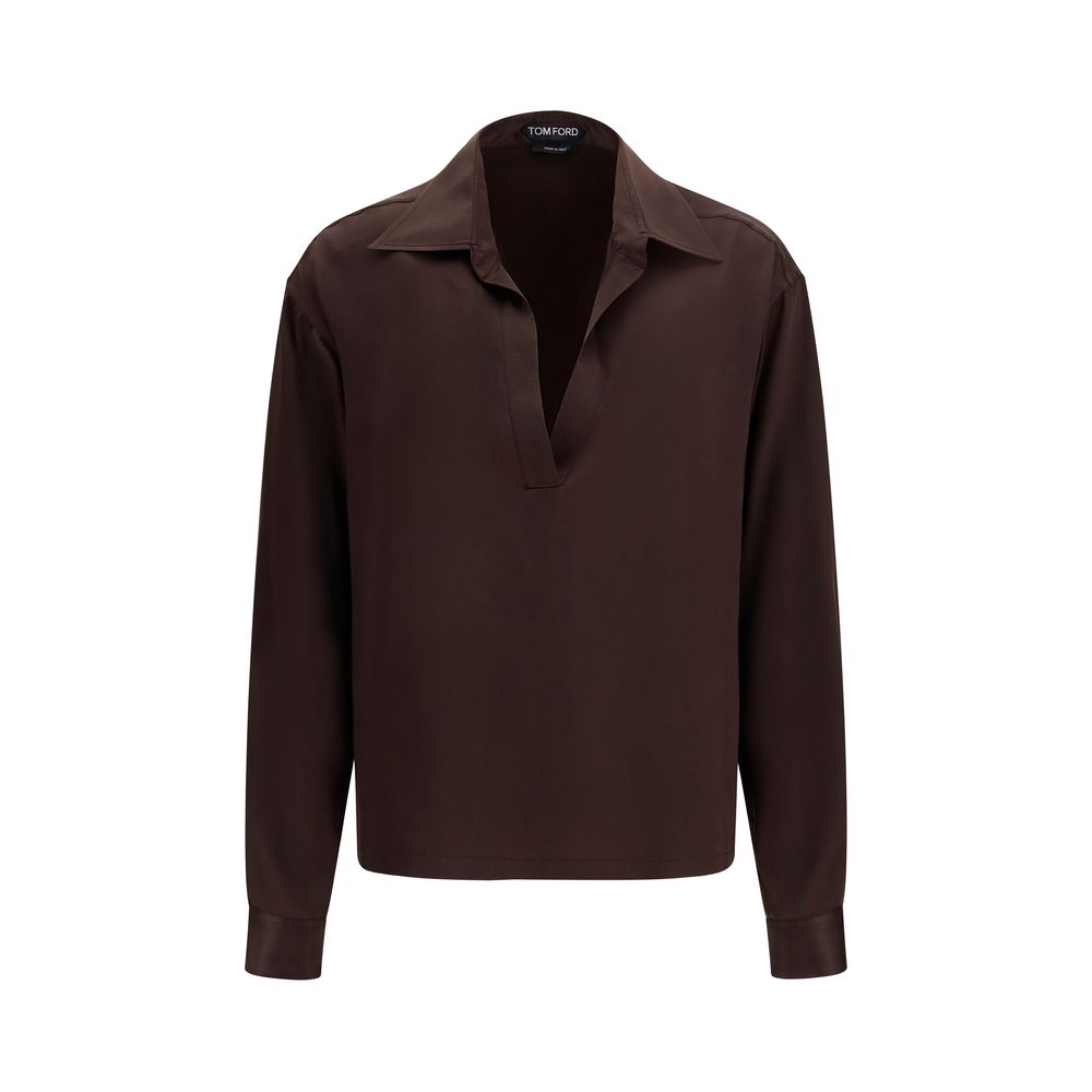 Silk V-Neck Blouse — Brown