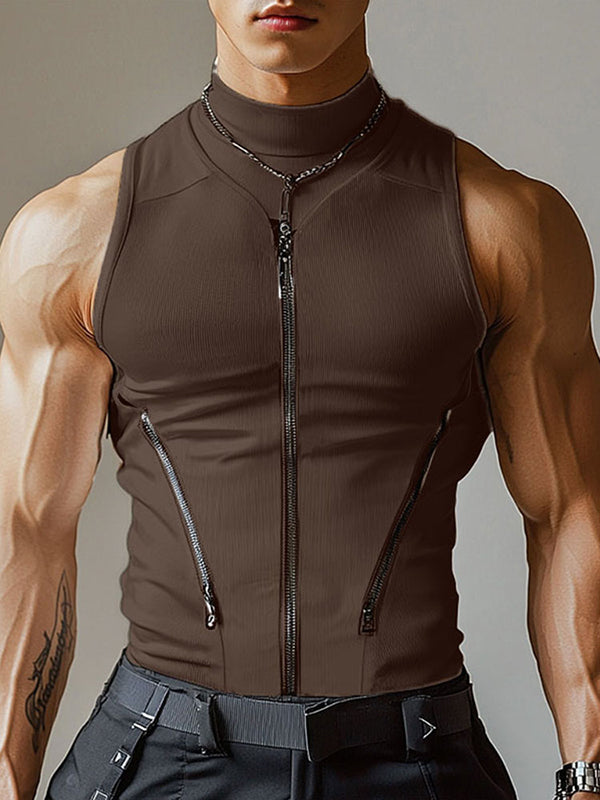 Mens Solid Color Textured Zip Tank SKUL01018 - Brown / S