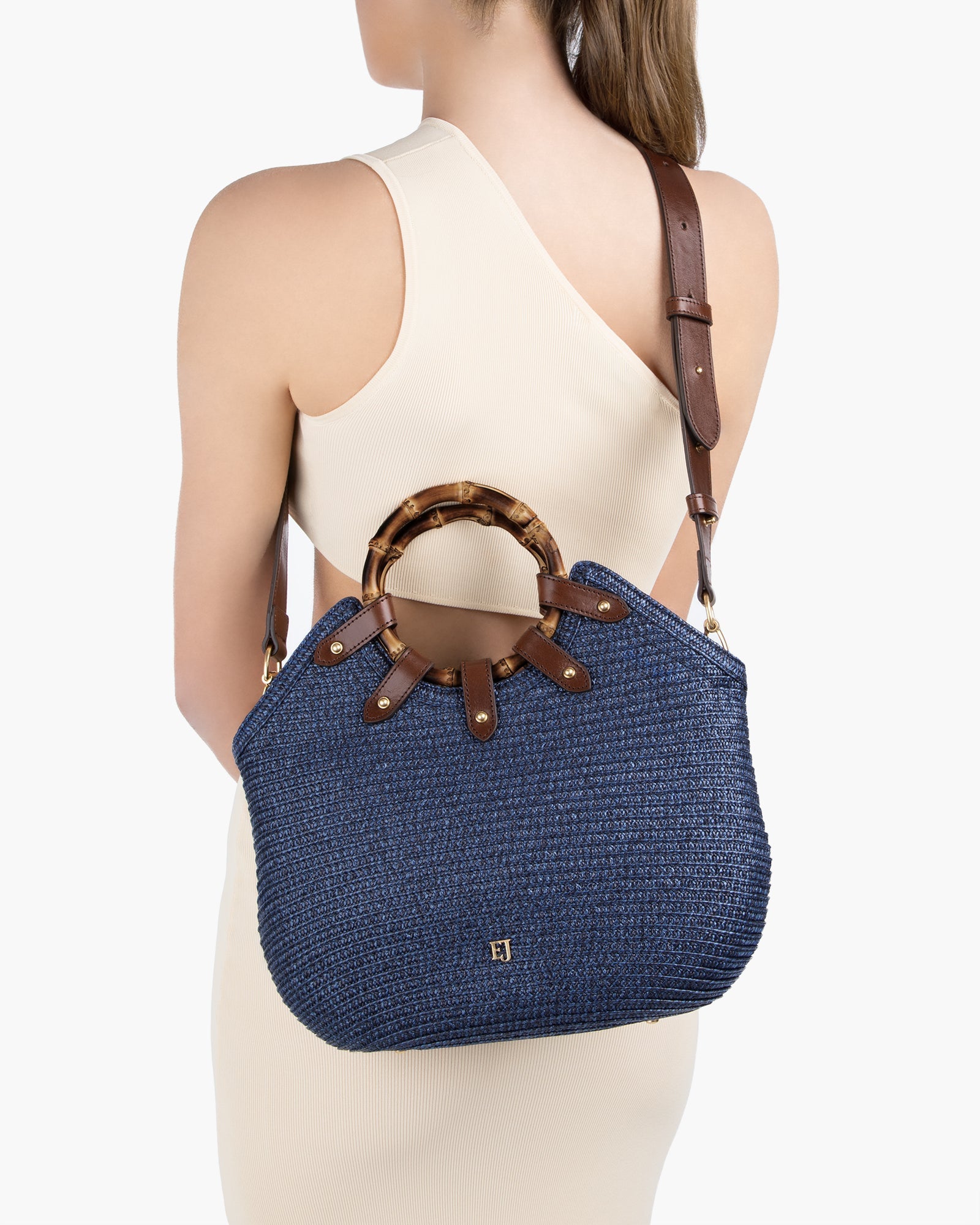 Squishee Straw Bag with Leather Trim and Bamboo Handles for Women