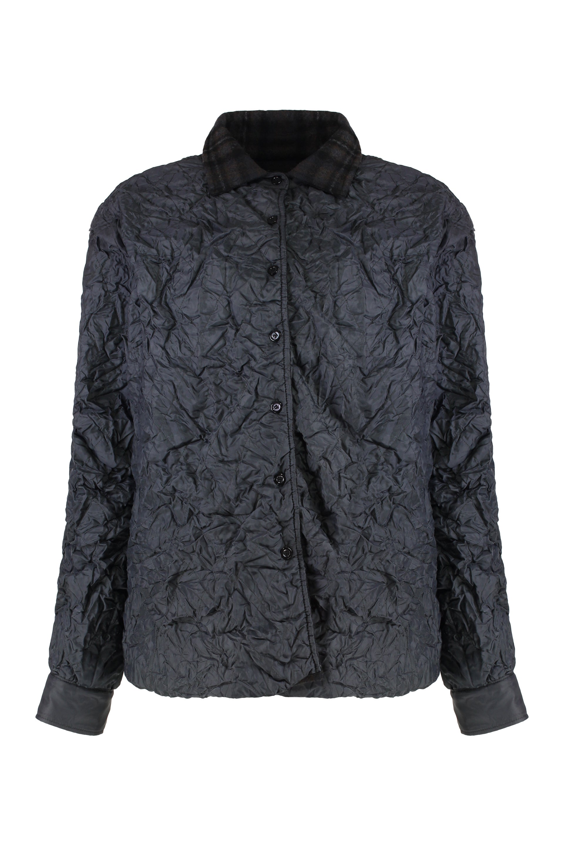 Reversible Padded Jacket with Crinkled Quilted Panels and Plaid Wool Collar