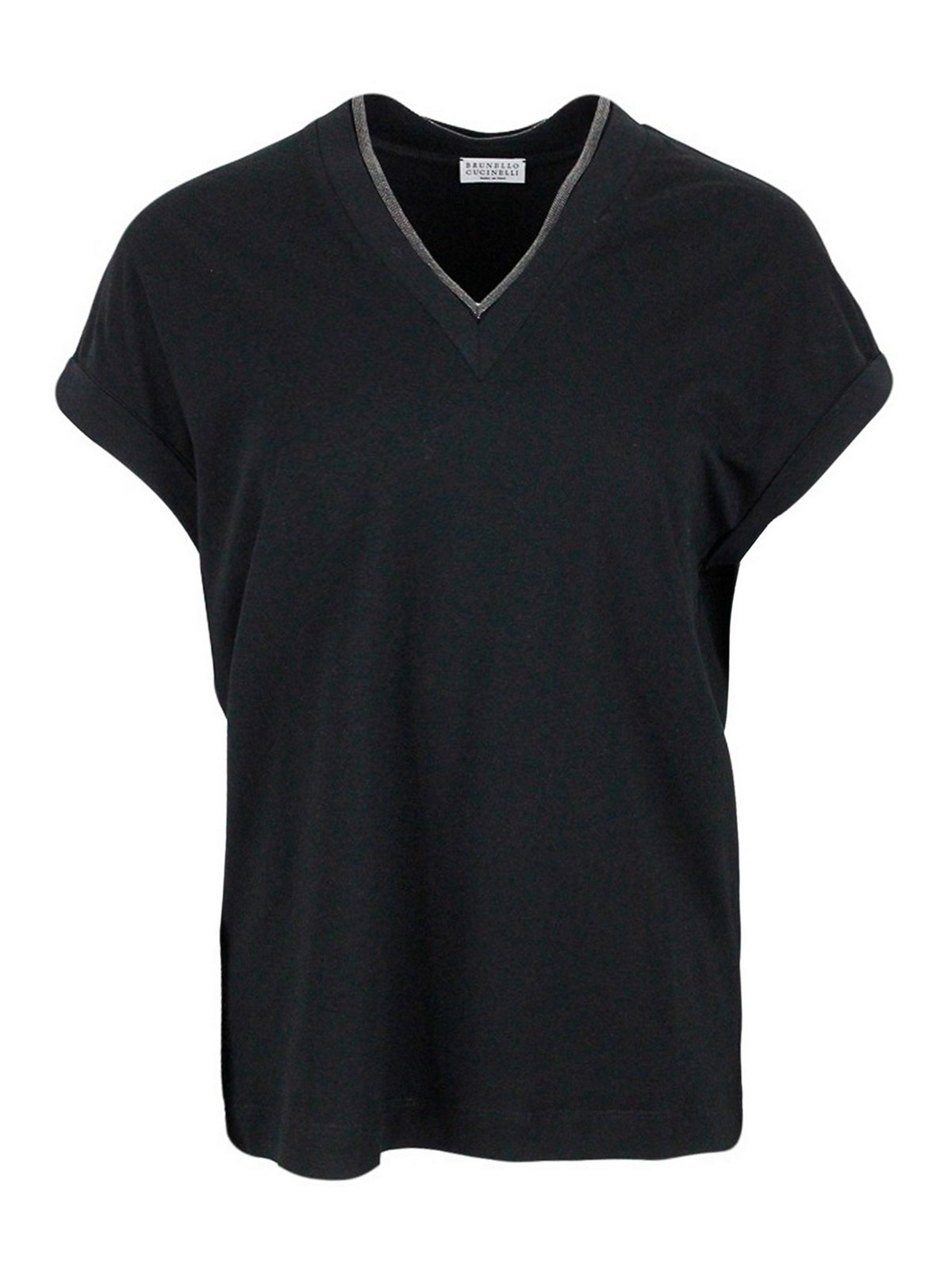 Short-sleeved T-shirt In Stretch Cotton With V-neckline Trimmed With Jewels