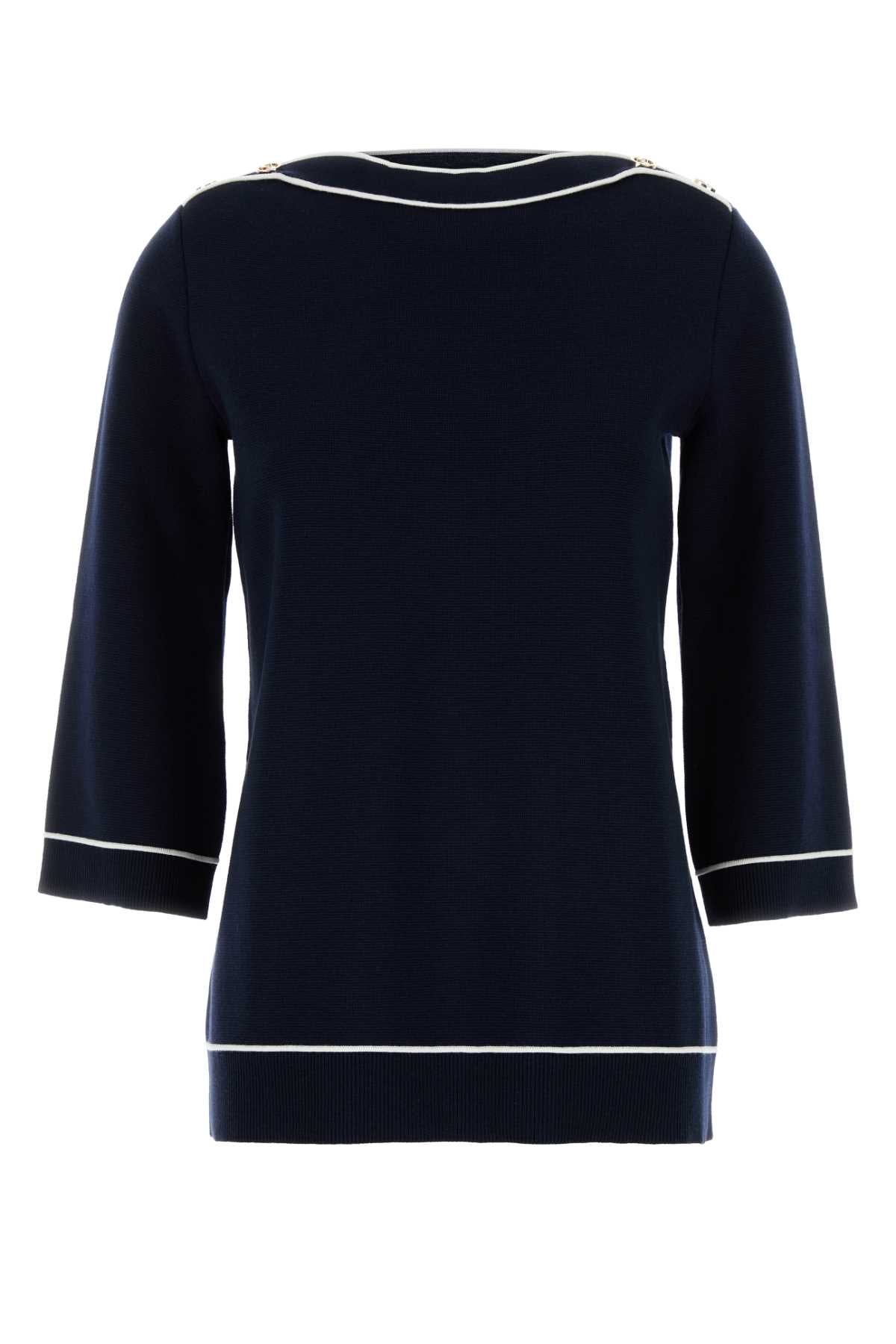 Wool 3/4-Sleeve Boat Neckline Sweater — Navy