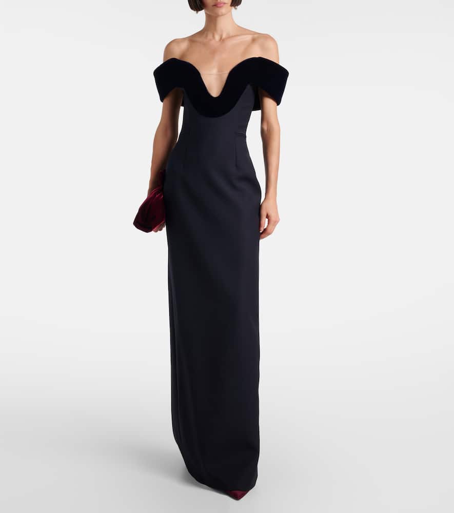 Off-shoulder wool-blend bustier gown