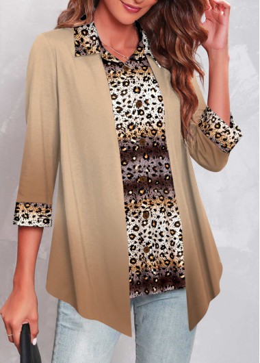 Modlily Light Camel Fake 2in1 Leopard Blouse
