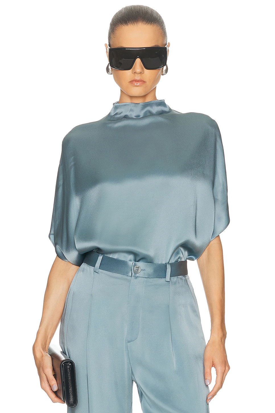 Lapointe Satin Cape Tee in Light Slate - Blue. L also in M