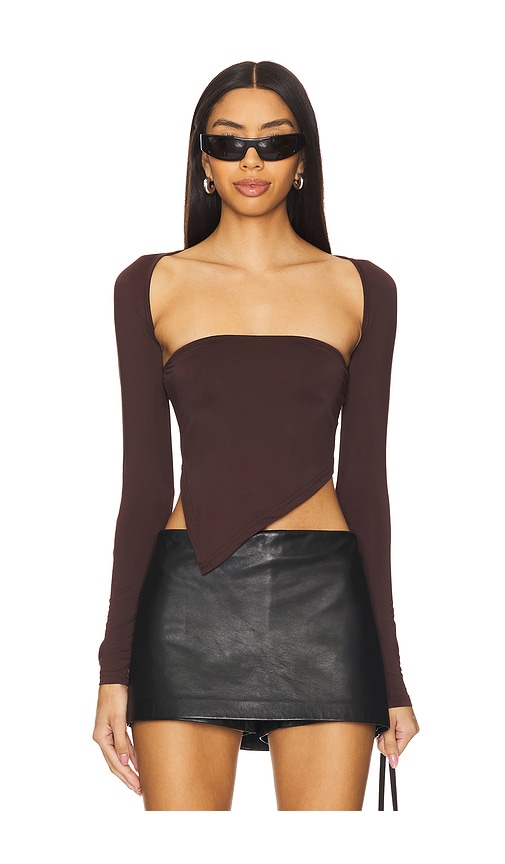 Superdown Dax Shrug Top in Chocolate. S. Also in