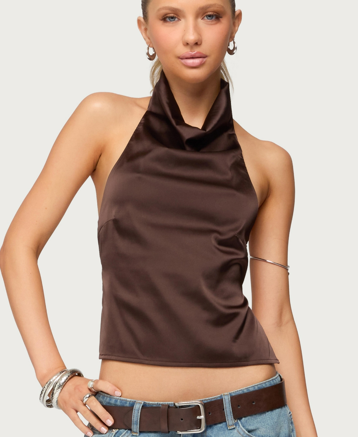 Women's Satin Effect Backless Cowl Neck Top - Dark-brown