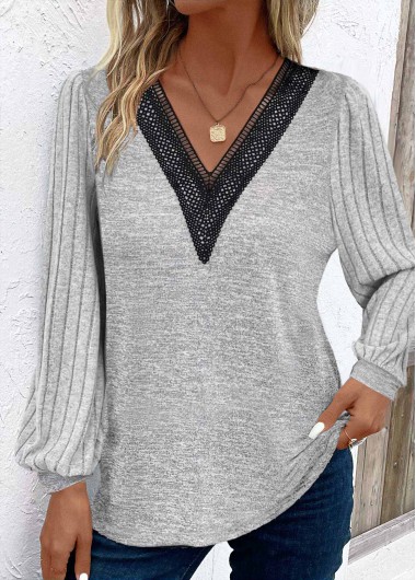 Modlily Light Grey Patchwork Long Sleeve V Neck T Shirt
