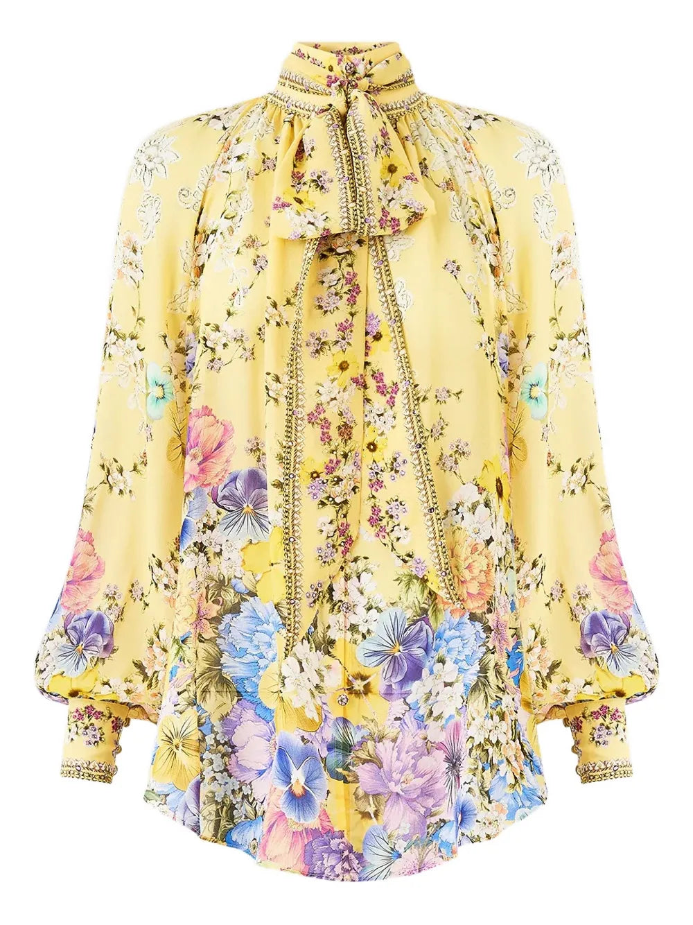 Floral Silk Pussy-Bow Blouse — Yellow