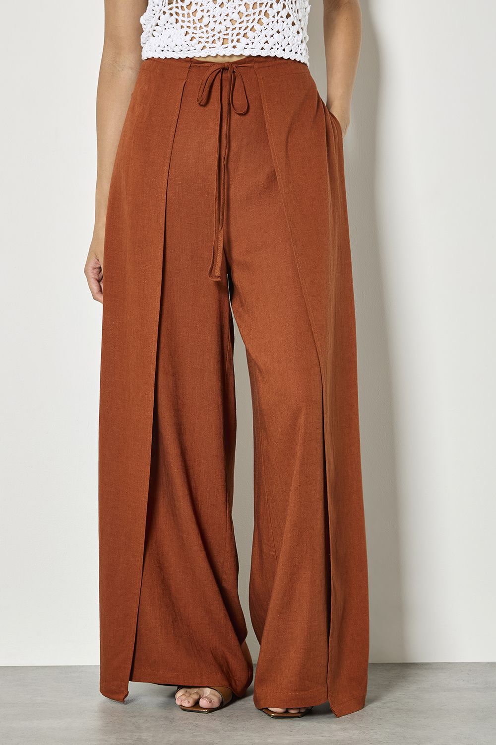 Apricot Linen Blend Wrap Wide-Leg Trousers In Burnt Orange