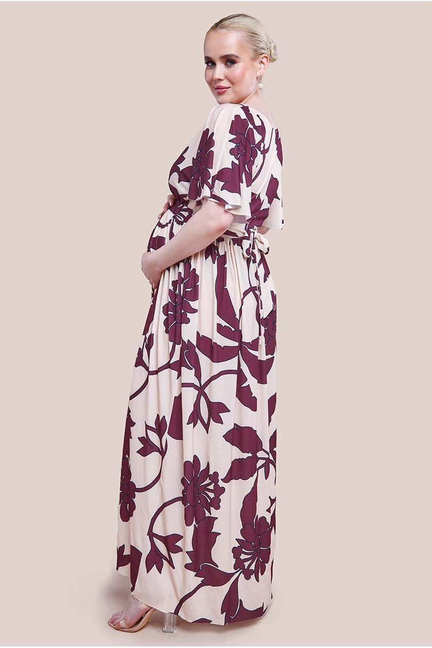 Goddiva Maternity Leaf Print Flutter Sleeve Maxi Dress - Crea