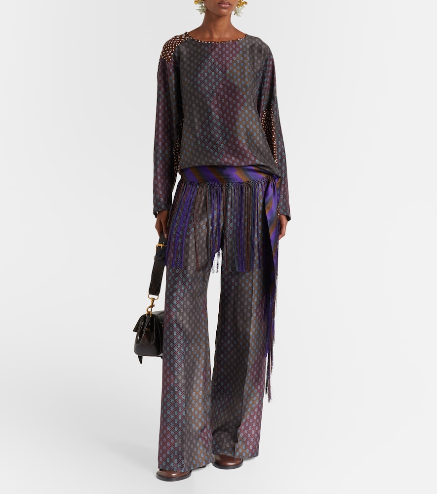 Printed silk satin straight pants