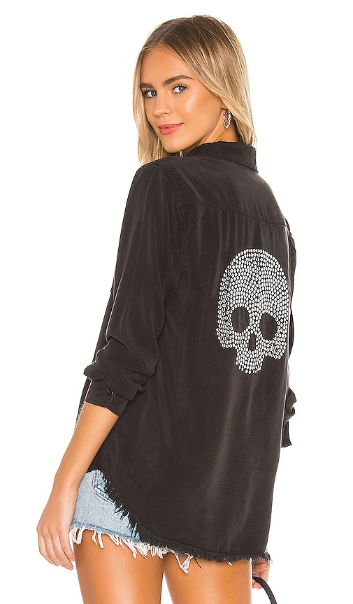 Lauren Moshi Sloane Nailhead Skull Button Up Denim Shirt in Black. M. Also in