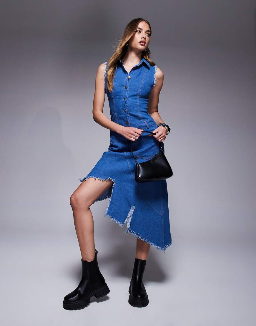 Goddiva Denim frayed asymmetric sleeveless midaxi shirt dress in bluedenim