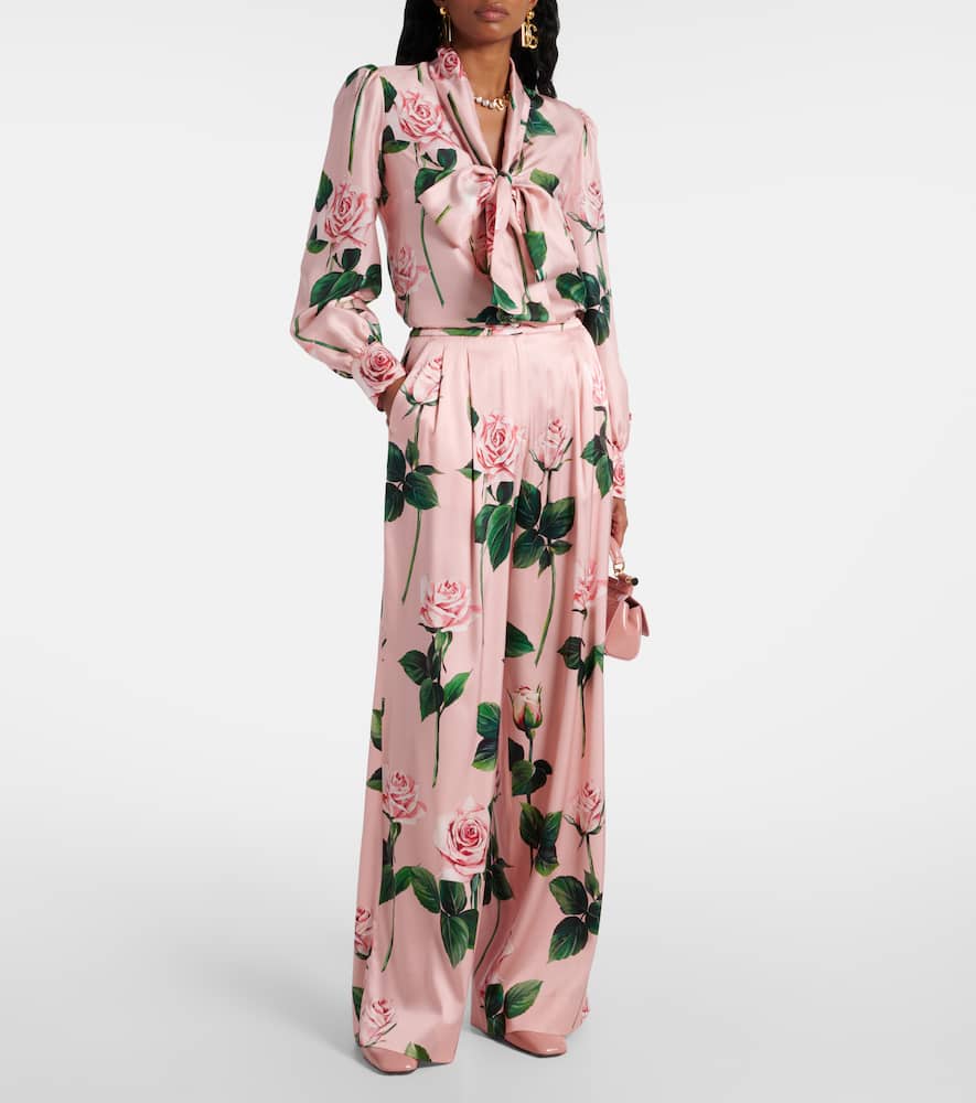 Floral tie-neck silk satin blouse