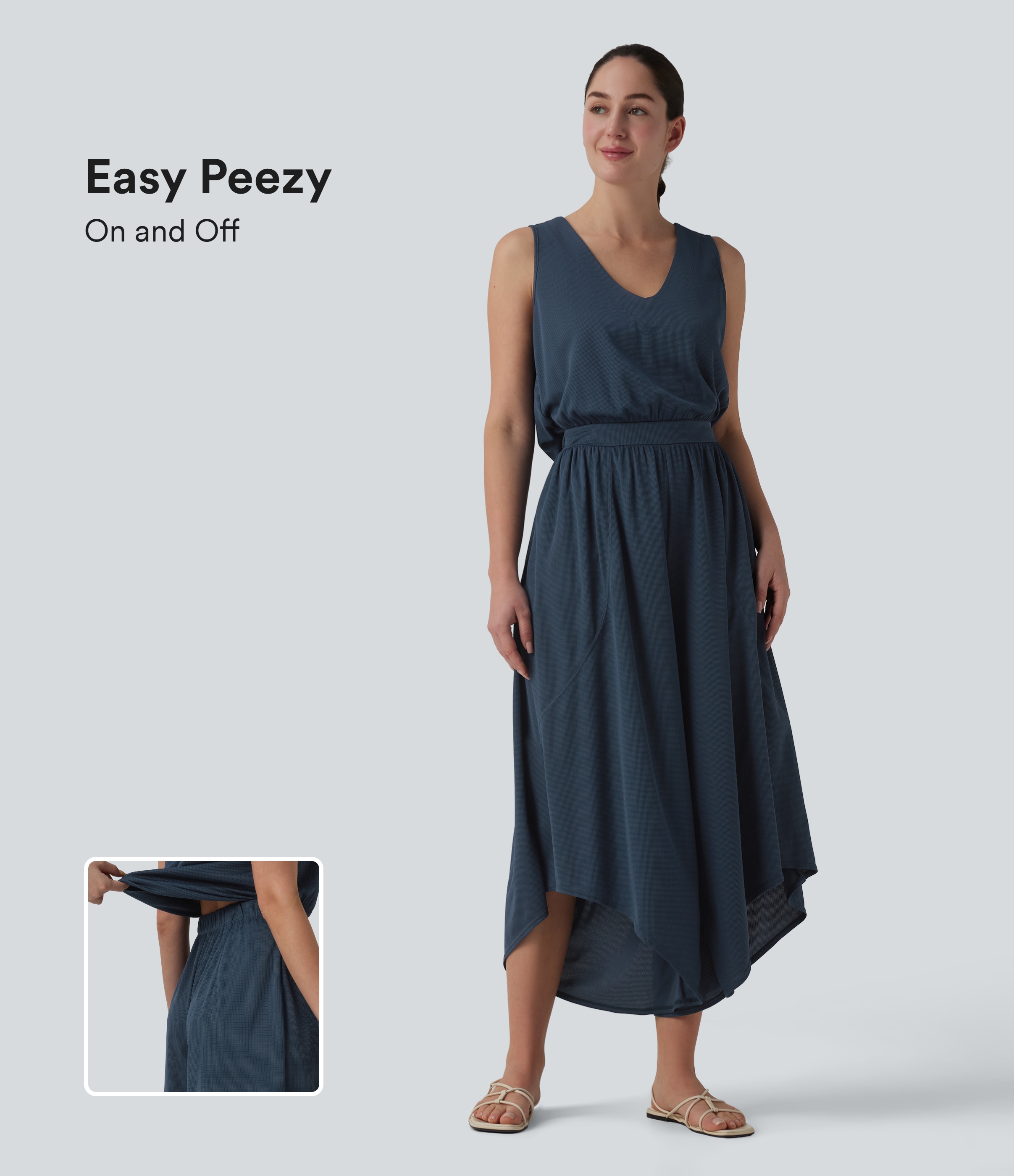 Halara V Neck Flowy Waffle Casual Jumpsuit with Pockets-Easy Peezy Edition - Charm Ink Blue - XLregular
