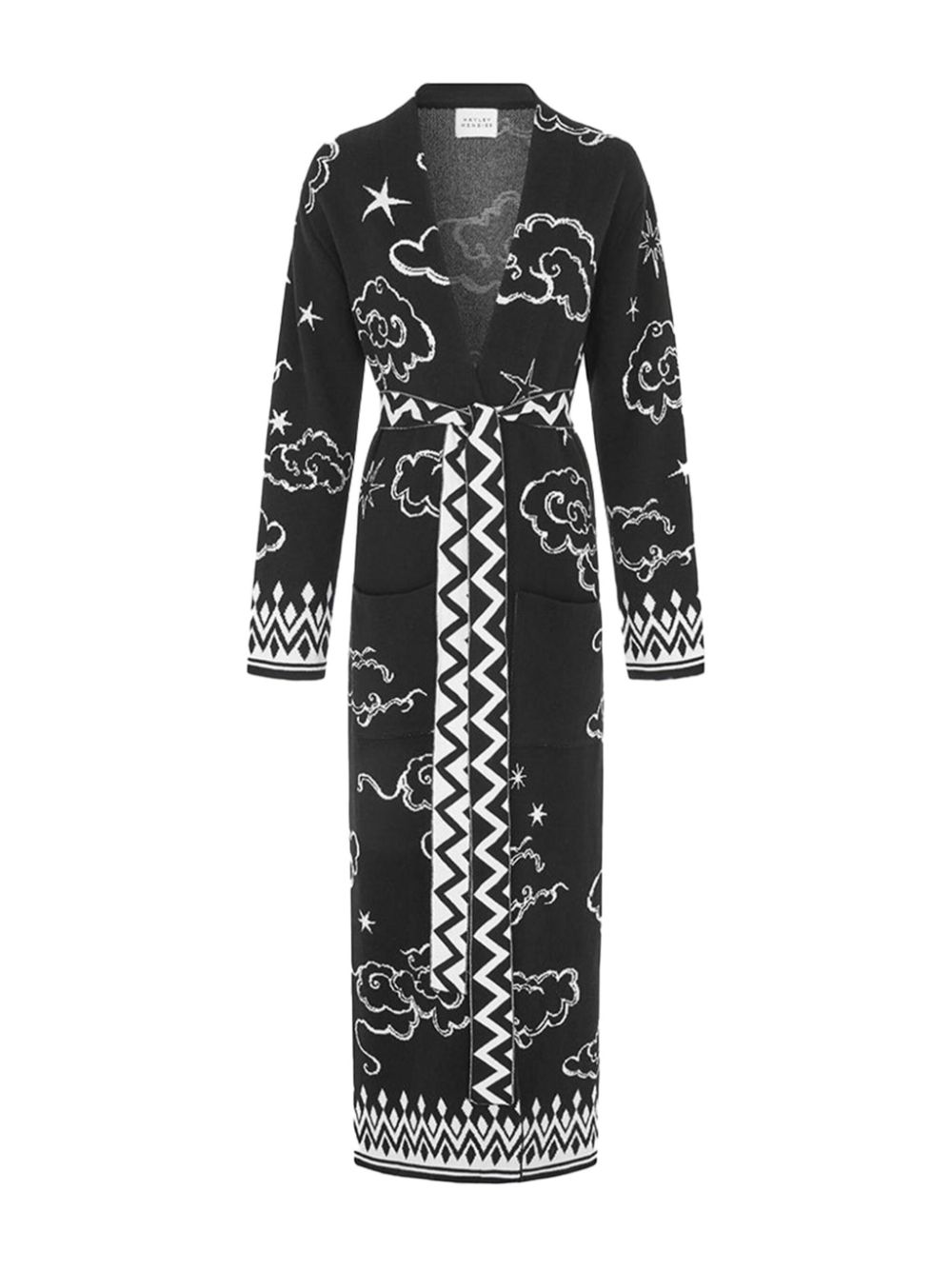 Lucky Clouds patterned-jacquard belted coat - Black