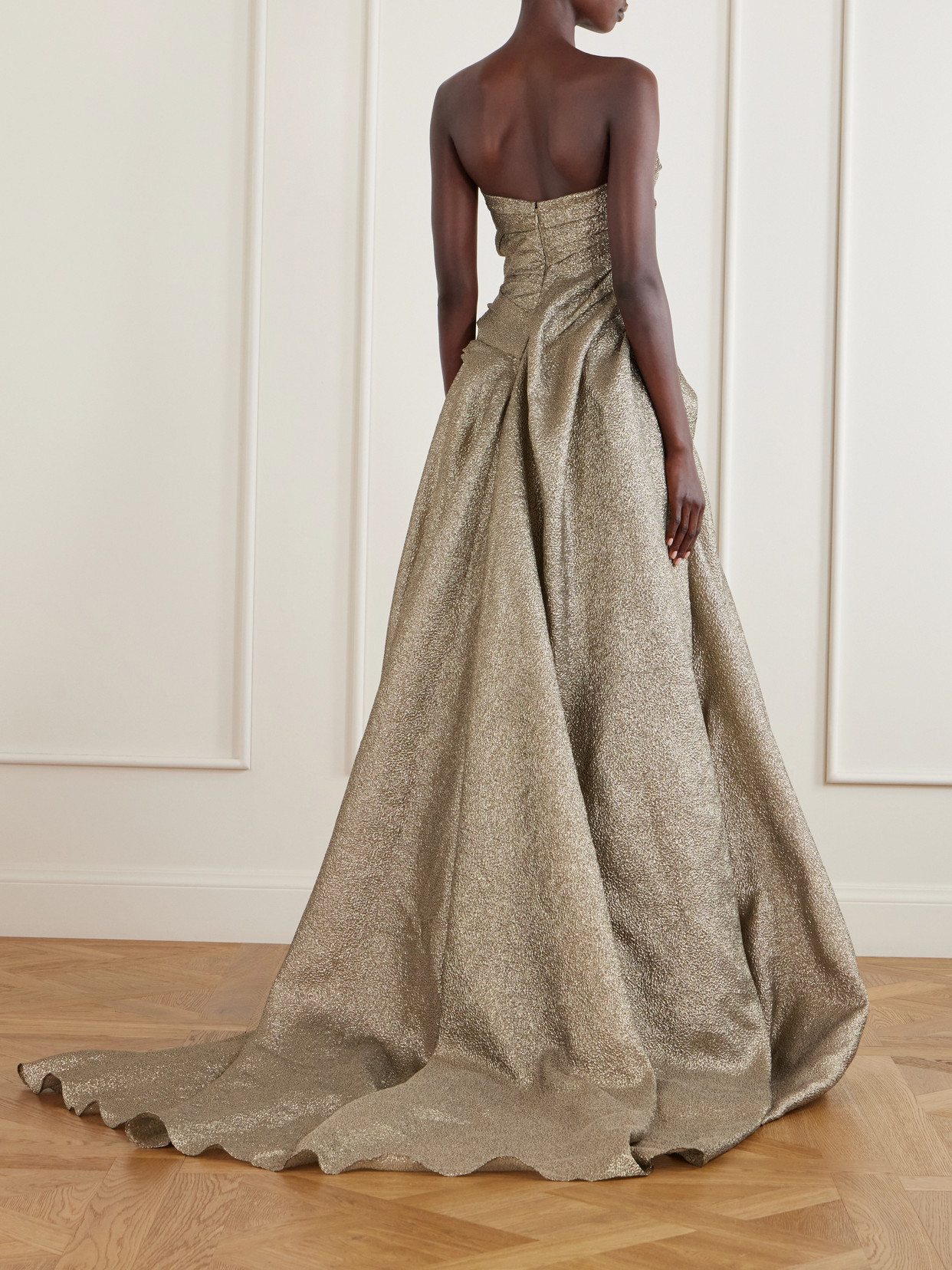 Off-the-shoulder Draped Brocade Gown - Gold