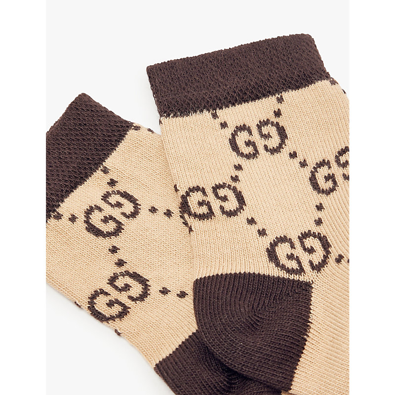 Beige/dark Brown Logo-intarsia Cotton-blend Ankle Socks