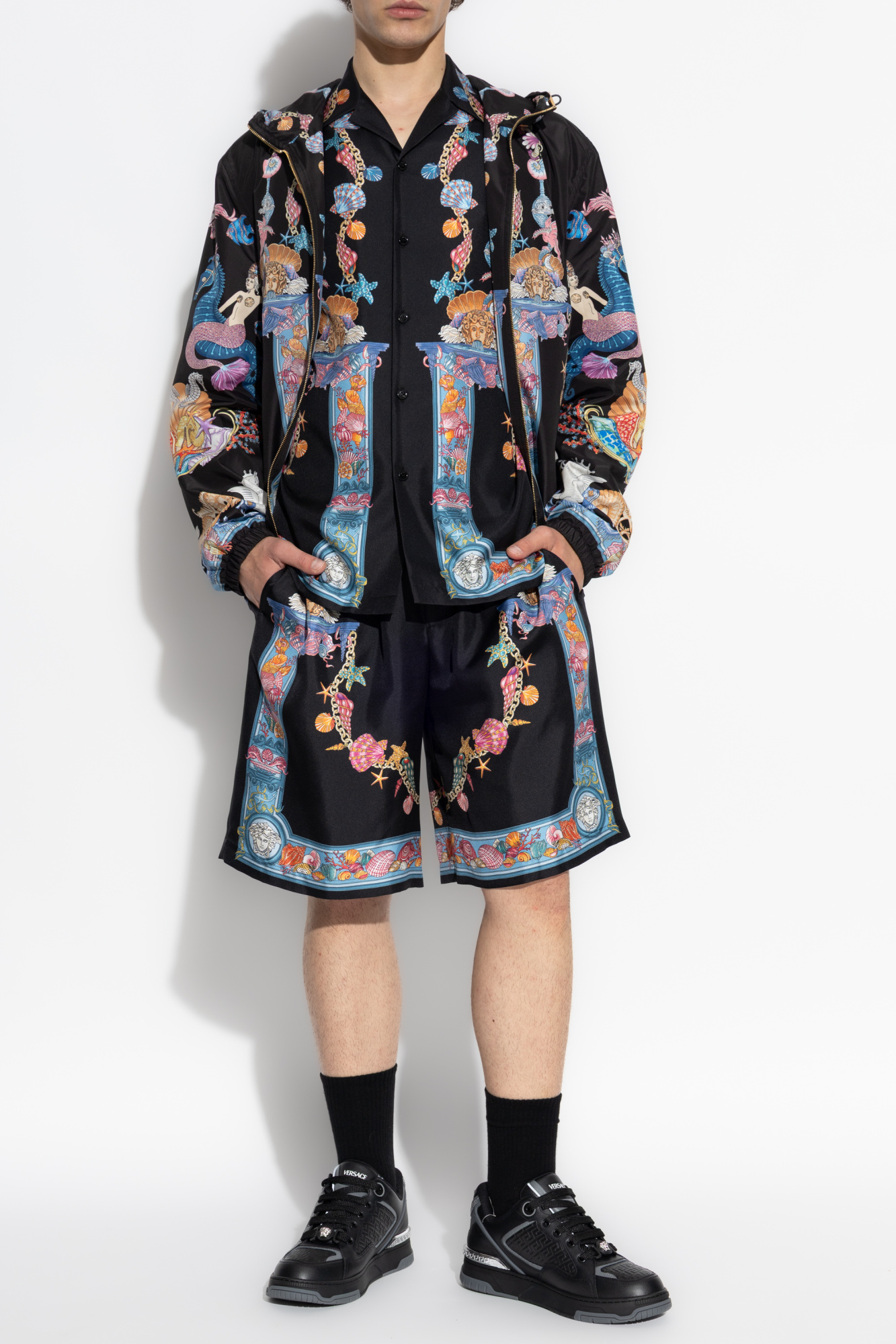 Silk Shorts With "Coral Theatre" Print, Men's, Black