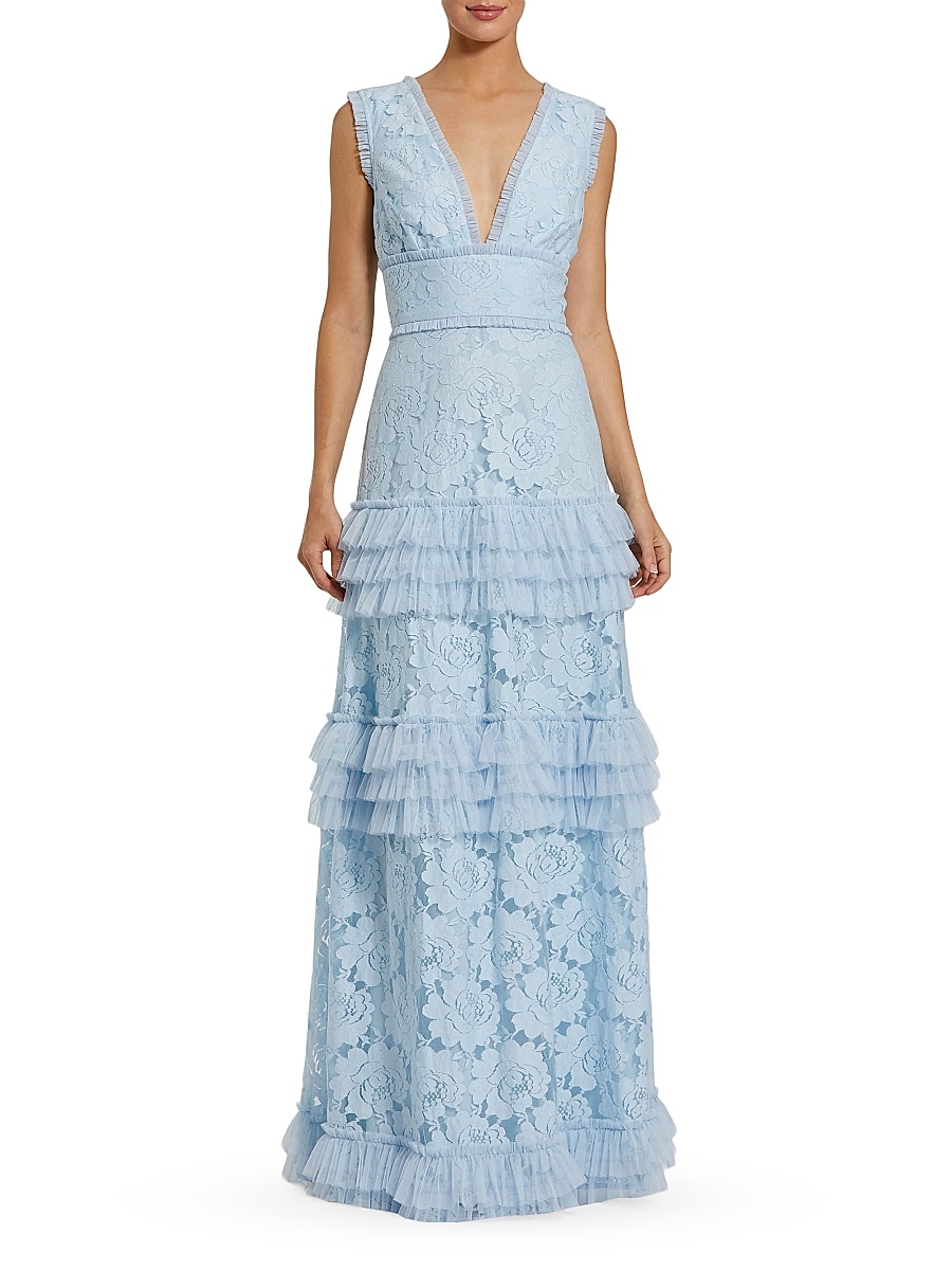 Women's Floral Lace Tiered Gown - Powder Blue