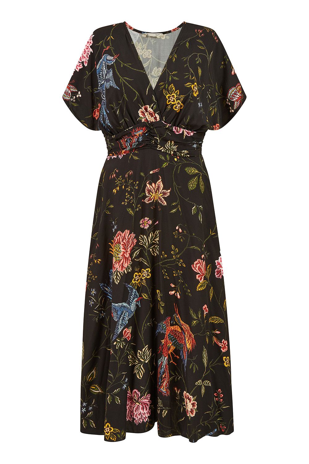 Yumi Women's Black Viscose Bird & Floral Print Kimono Midi Dre