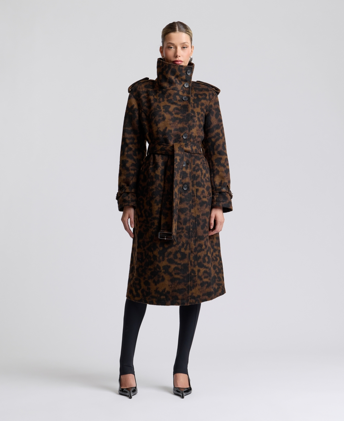 Womens Leopard Wool Trench Coat - Java Leopard