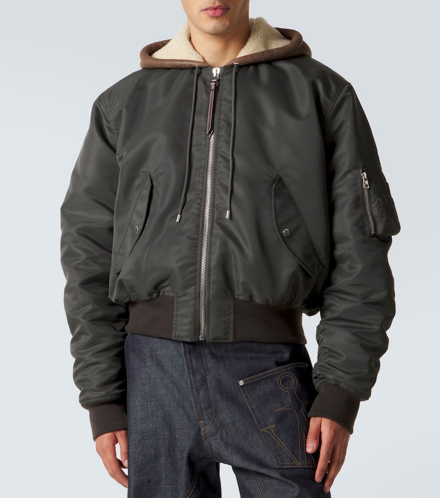 Hooded shearling-trimmed bomber jacket