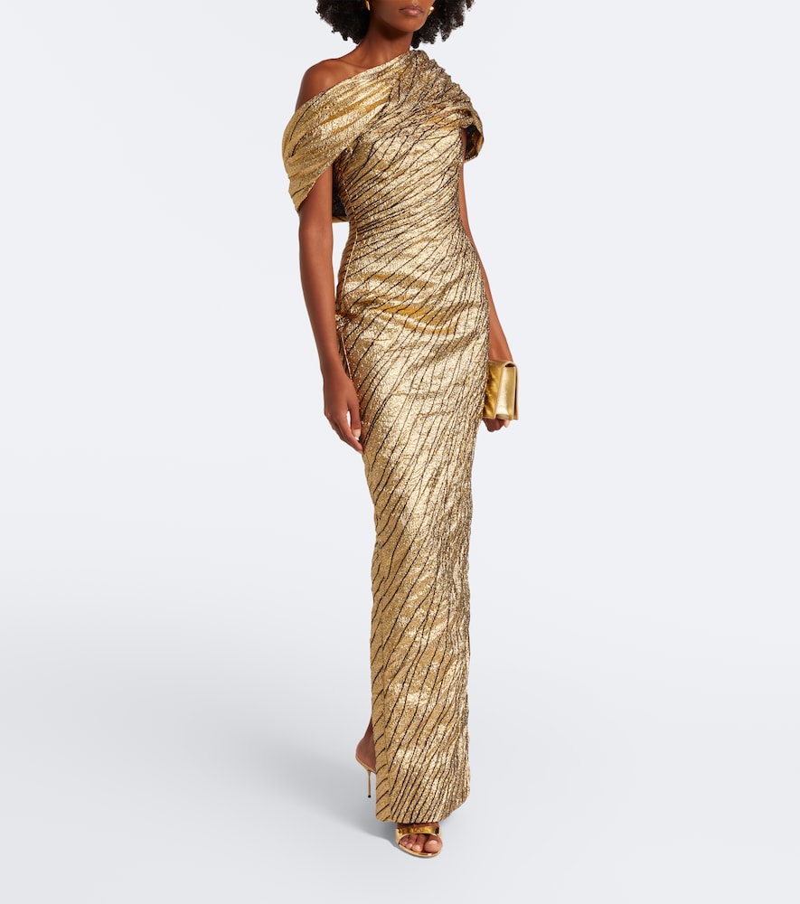 Striped asymmetric brocade bustier gown